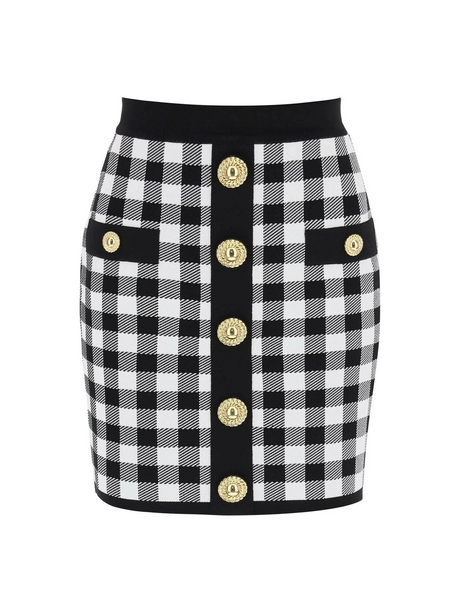 Gingham Knit Mini Skirt With Embossed Buttons BALMAIN JOHN JULIA.