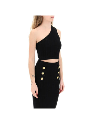 Black One Shoulder Ribbed Crop Top BALMAIN JOHN JULIA.