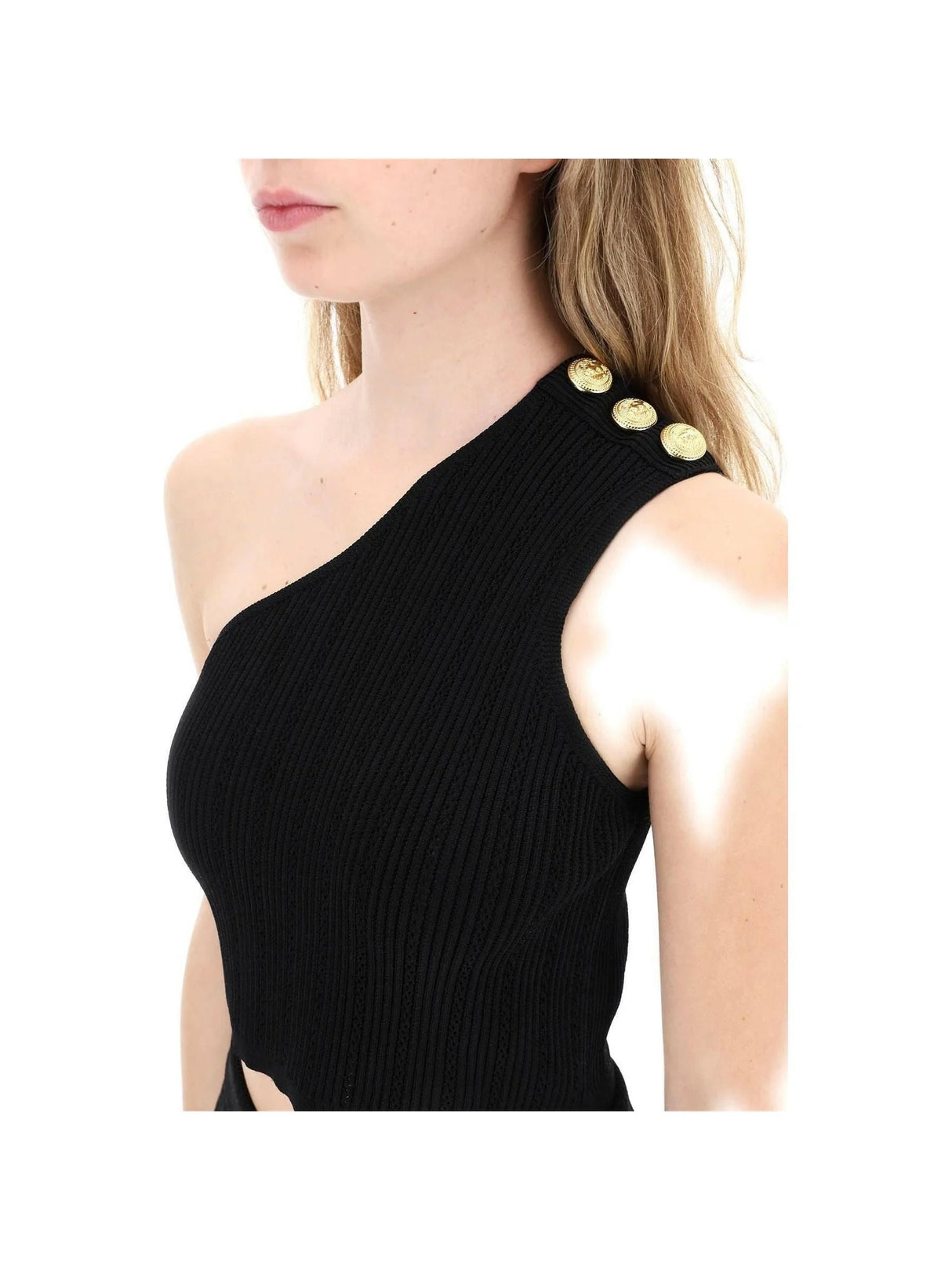 Black One Shoulder Ribbed Crop Top BALMAIN JOHN JULIA.