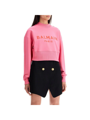 Organic Cotton Balmain Paris Print Cropped Sweatshirt.