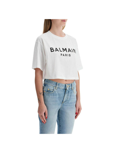 Organic Cotton Balmain Paris Print Cropped T-Shirt.