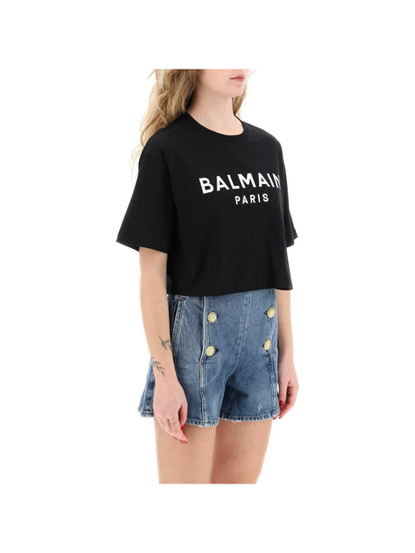 Organic Cotton Balmain Paris Print Cropped T-Shirt.