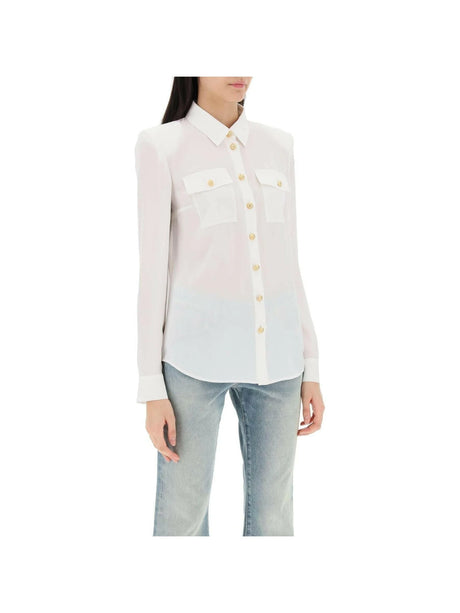 BALMAIN-Padded Shoulder Silk Shirt-JOHN JULIA