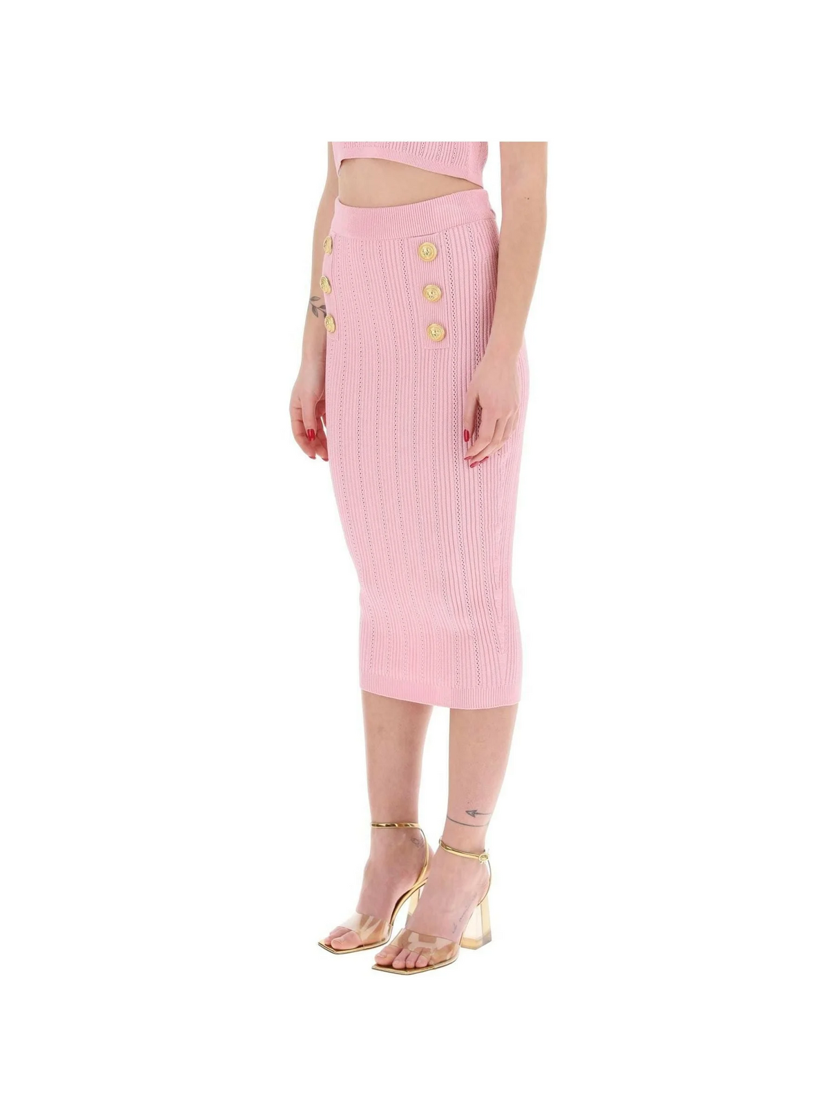 Rose Pink Longuette Stretch-Knit Midi Skirt BALMAIN JOHN JULIA.