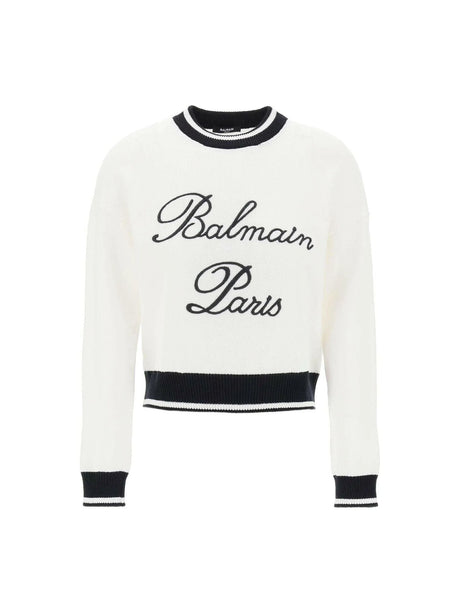 White Signature Cropped Knit Jumper BALMAIN JOHN JULIA.