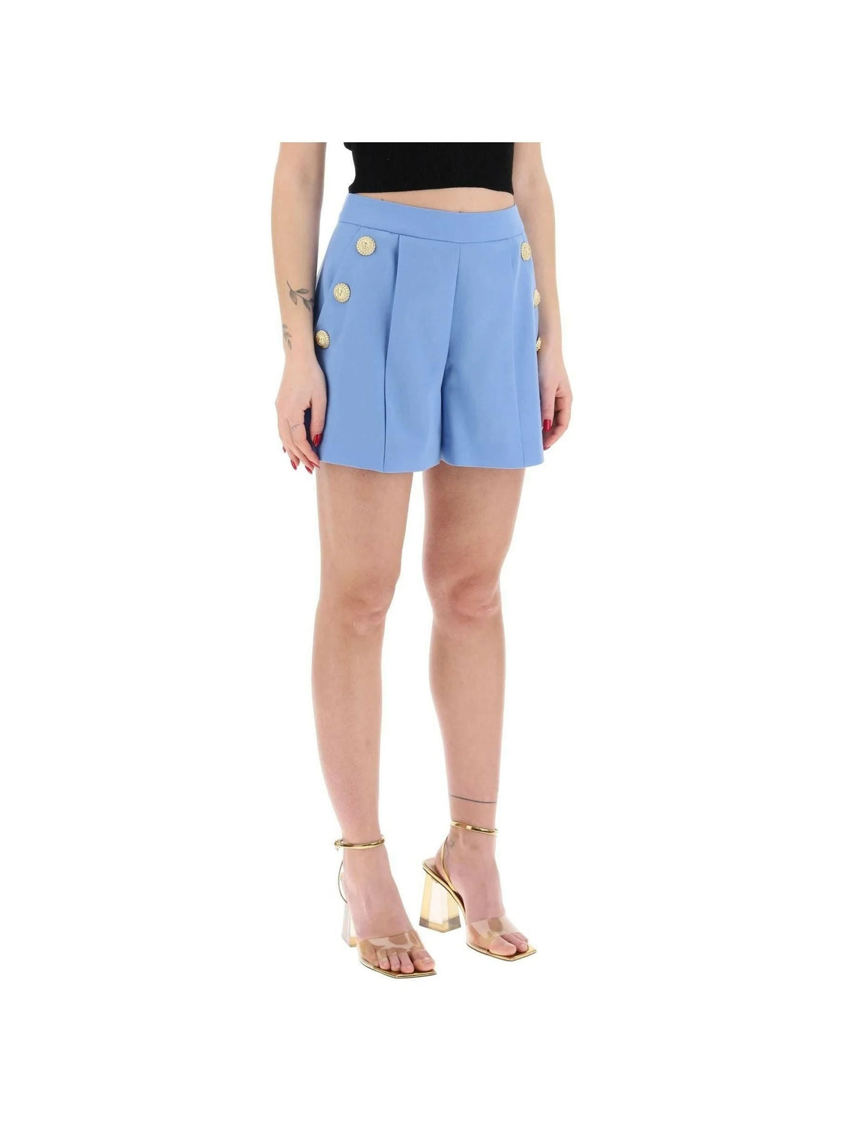 Sky Blue Embossed Button Wool Grain de Poudre Shorts BALMAIN JOHN JULIA.