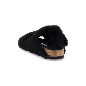 Black Gold Teddy Lamb Fur Arizona Big Buckle Mules BIRKENSTOCK JOHN JULIA.