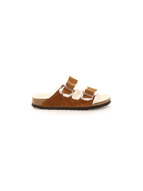 Brown and white suede leather Arizona Mules with adjustable straps for narrow fit