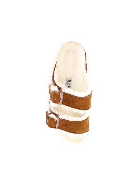 Tan Suede Leather Arizona Mules with two buckled straps and white footbed