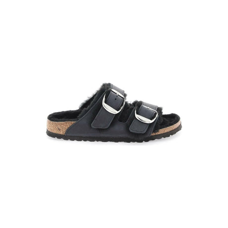 Black Teddy Lamb Fur Double Adjustable Strap Arizona Big Buckle Slides BIRKENSTOCK JOHN JULIA.