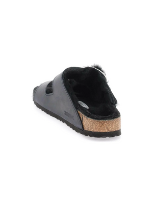 Black Teddy Lamb Fur Double Adjustable Strap Arizona Big Buckle Slides BIRKENSTOCK JOHN JULIA.