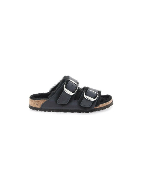 Black Teddy Lamb Fur Double Adjustable Strap Arizona Big Buckle Slides BIRKENSTOCK JOHN JULIA.