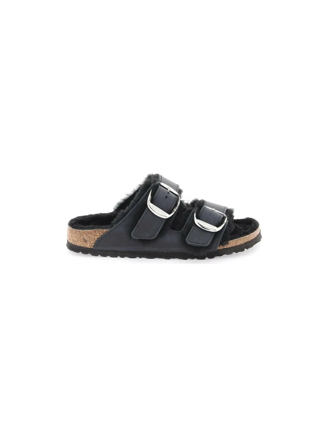 Black Teddy Lamb Fur Double Adjustable Strap Arizona Big Buckle Slides BIRKENSTOCK JOHN JULIA.