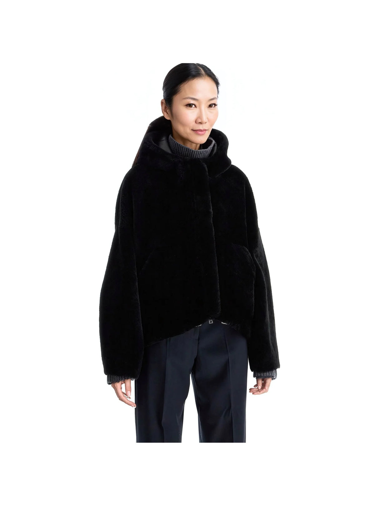 BLANCHA-Hooded Shearling Bomber Jacket -JOHN JULIA.