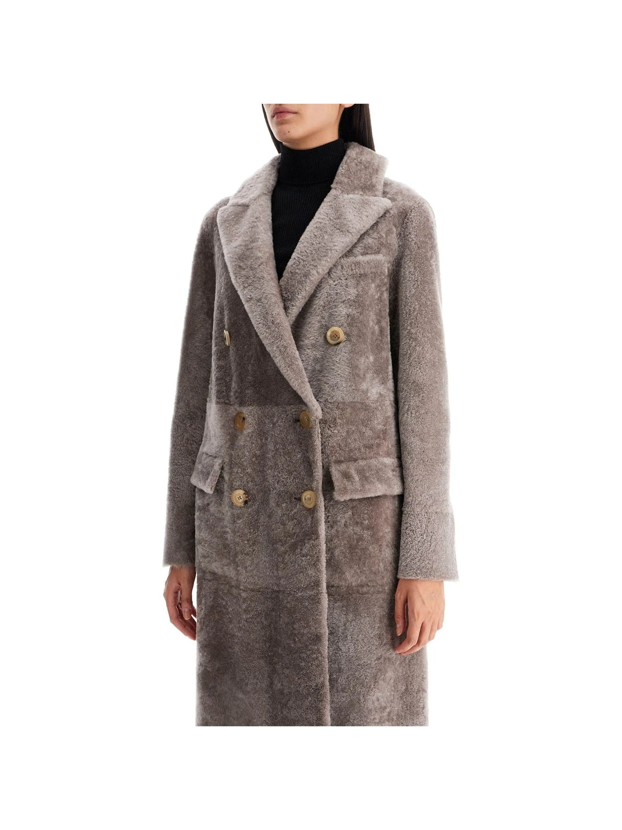 BLANCHA-Long Double-Breasted Shearling Coat -JOHN JULIA.