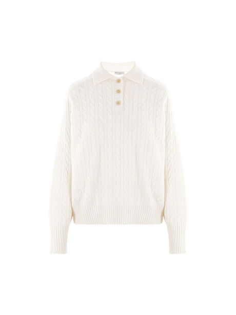 Cashmere Cable-knit Polo Sweater-BRUNELLO CUCINELLI-JOHN JULIA