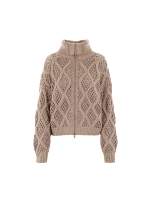 Dazzling Net & Cable Cashmere Full-zip Cardigan-BRUNELLO CUCINELLI-JOHN JULIA