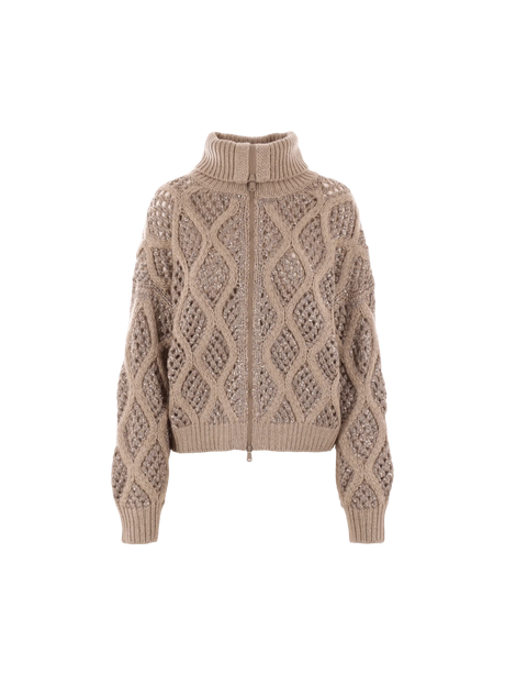 Dazzling Net & Cable Cashmere Full-zip Cardigan-BRUNELLO CUCINELLI-JOHN JULIA