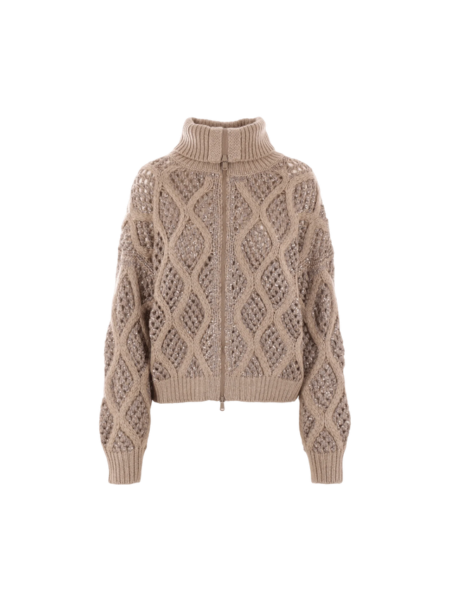 Dazzling Net & Cable Cashmere Full-zip Cardigan-BRUNELLO CUCINELLI-JOHN JULIA