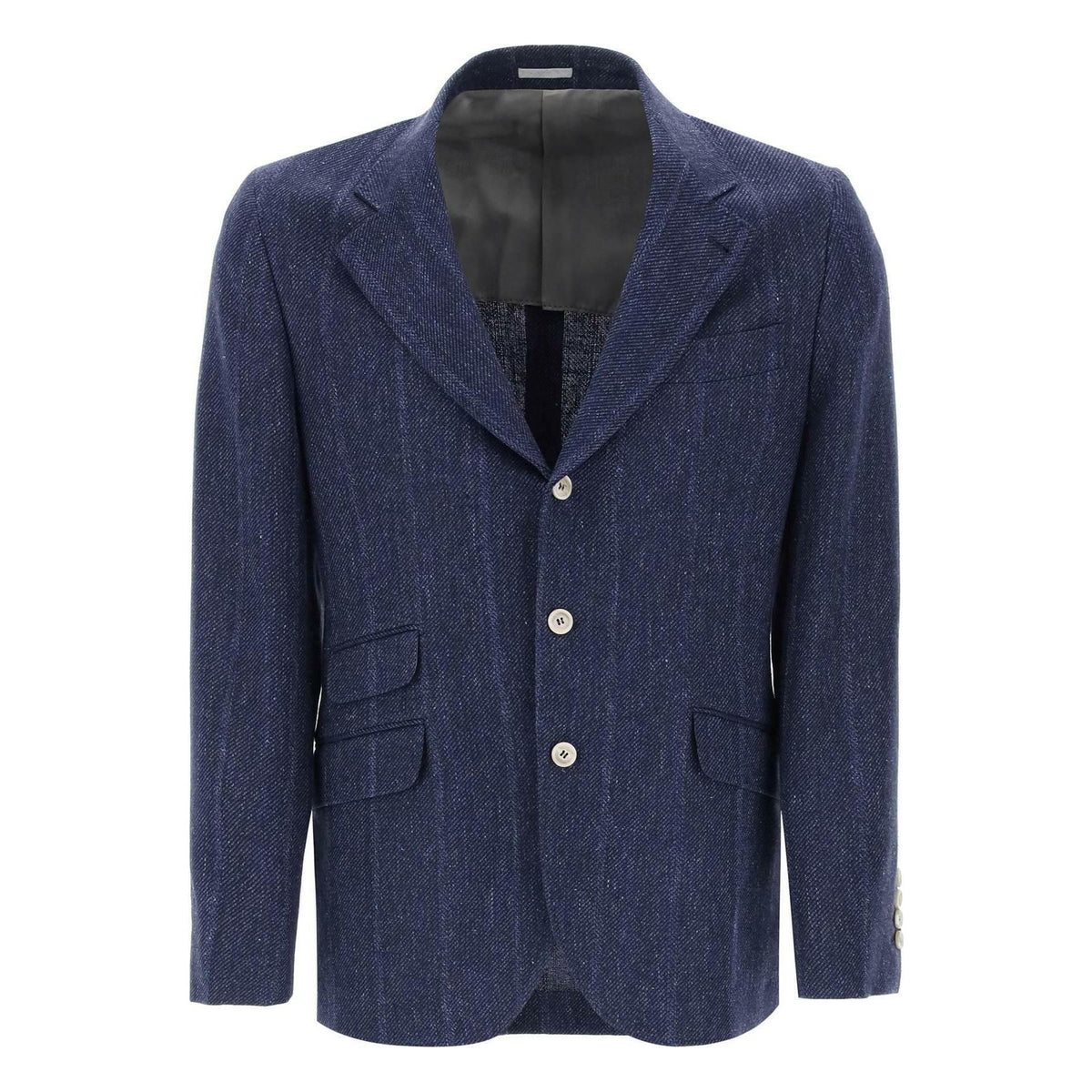 Denim Blue Linen, Wool and Silk Single-Breasted Blazer BRUNELLO CUCINELLI JOHN JULIA.