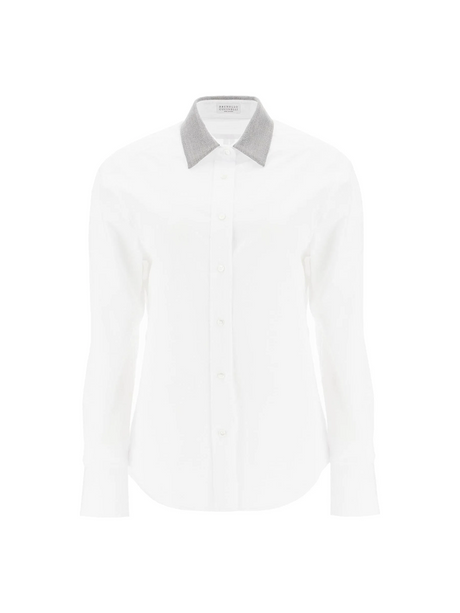 BRUNELLO CUCINELLI-Monili Collar Long-Sleeve Poplin Shirt -JOHN JULIA.