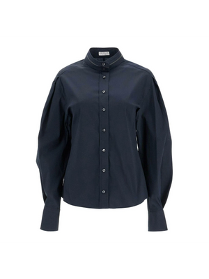 Monili-Collar Puff-Sleeve Poplin Shirt.