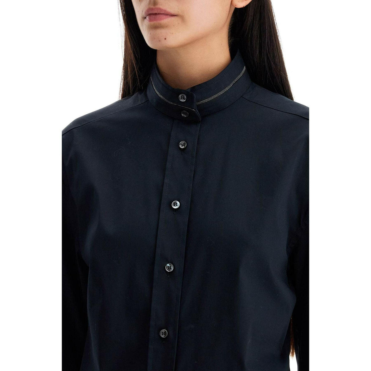 Monili-Collar Puff-Sleeve Poplin Shirt.