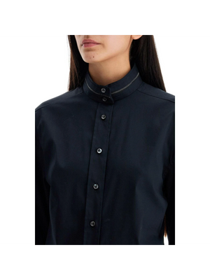 Monili-Collar Puff-Sleeve Poplin Shirt.