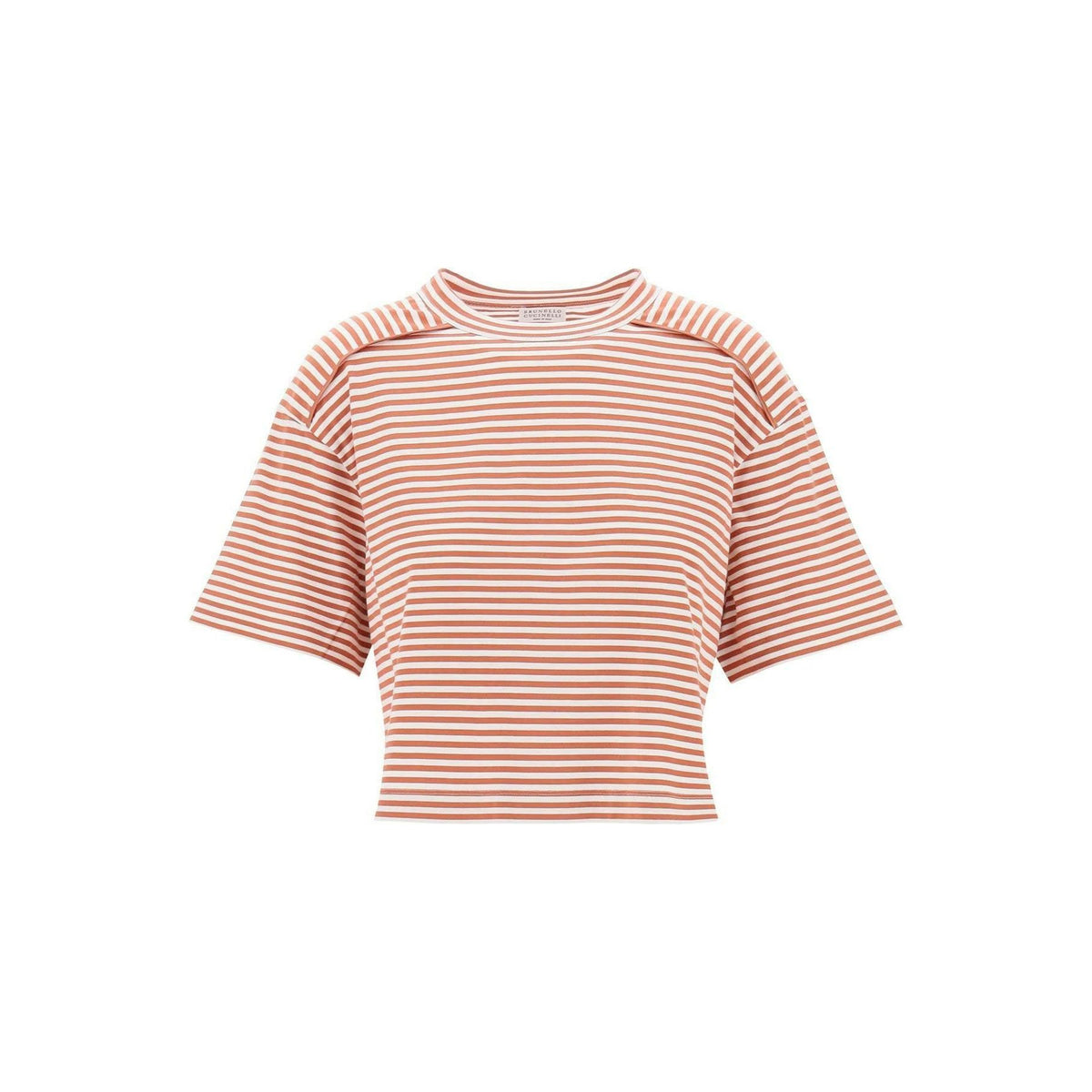 Monili-Trimmed Orange and White Striped Cotton Jersey T-Shirt BRUNELLO CUCINELLI JOHN JULIA.