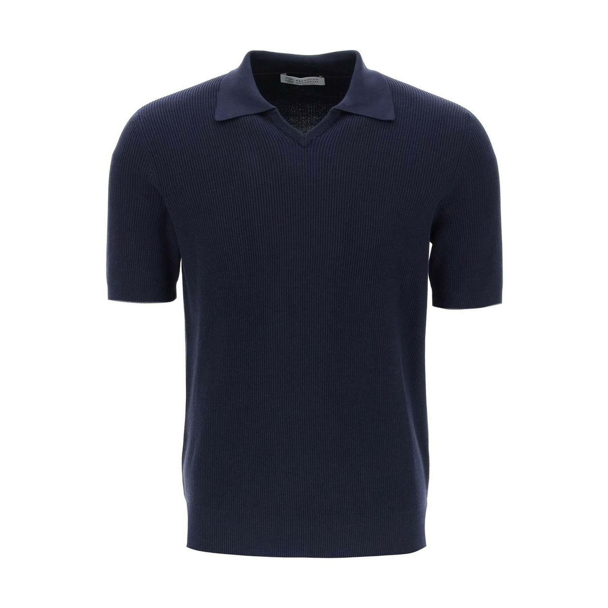 Navy Blue English Rib Knit Cotton Polo Shirt BRUNELLO CUCINELLI JOHN JULIA.