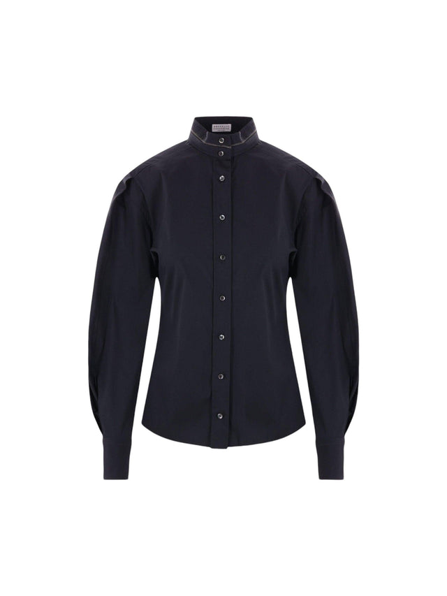 Stretch Poplin Shirt with Monili Embroidery-BRUNELLO CUCINELLI-JOHN JULIA