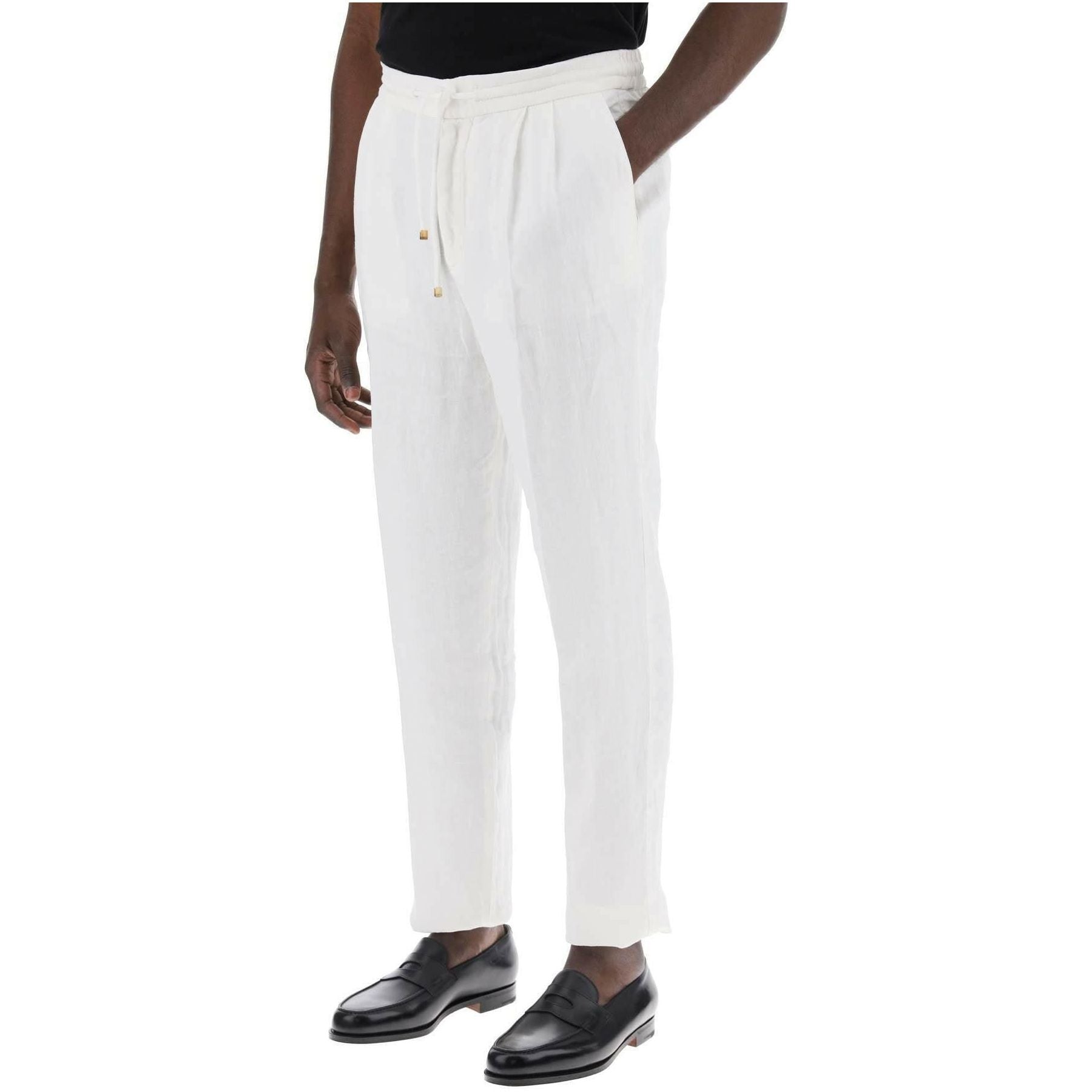 White Leisure Fit Linen Garment-Dyed Drawstring Double Pleated Trousers BRUNELLO CUCINELLI JOHN JULIA.