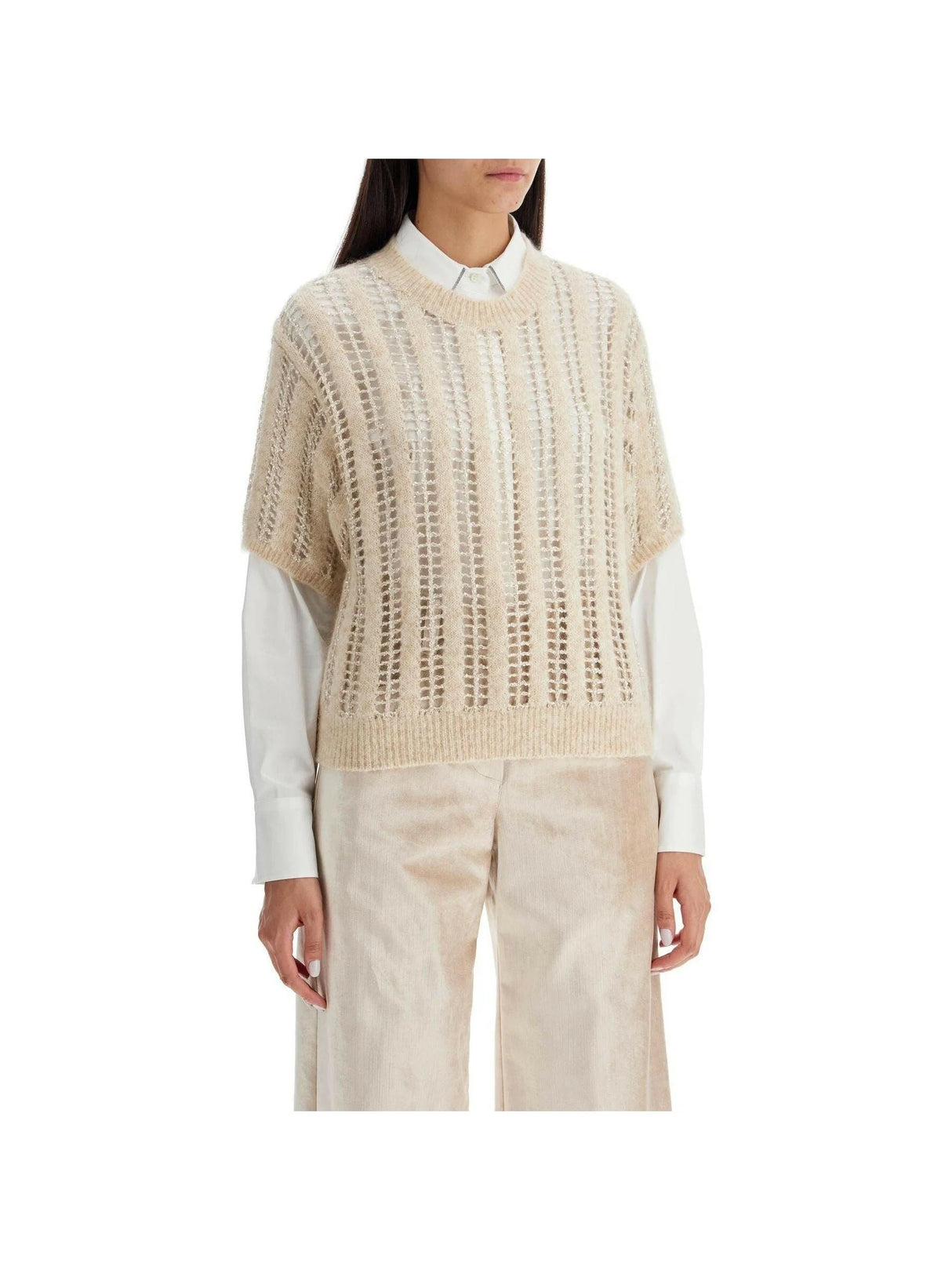 Wool and Mohair Short Sleeve Dazzling Net Sweater.