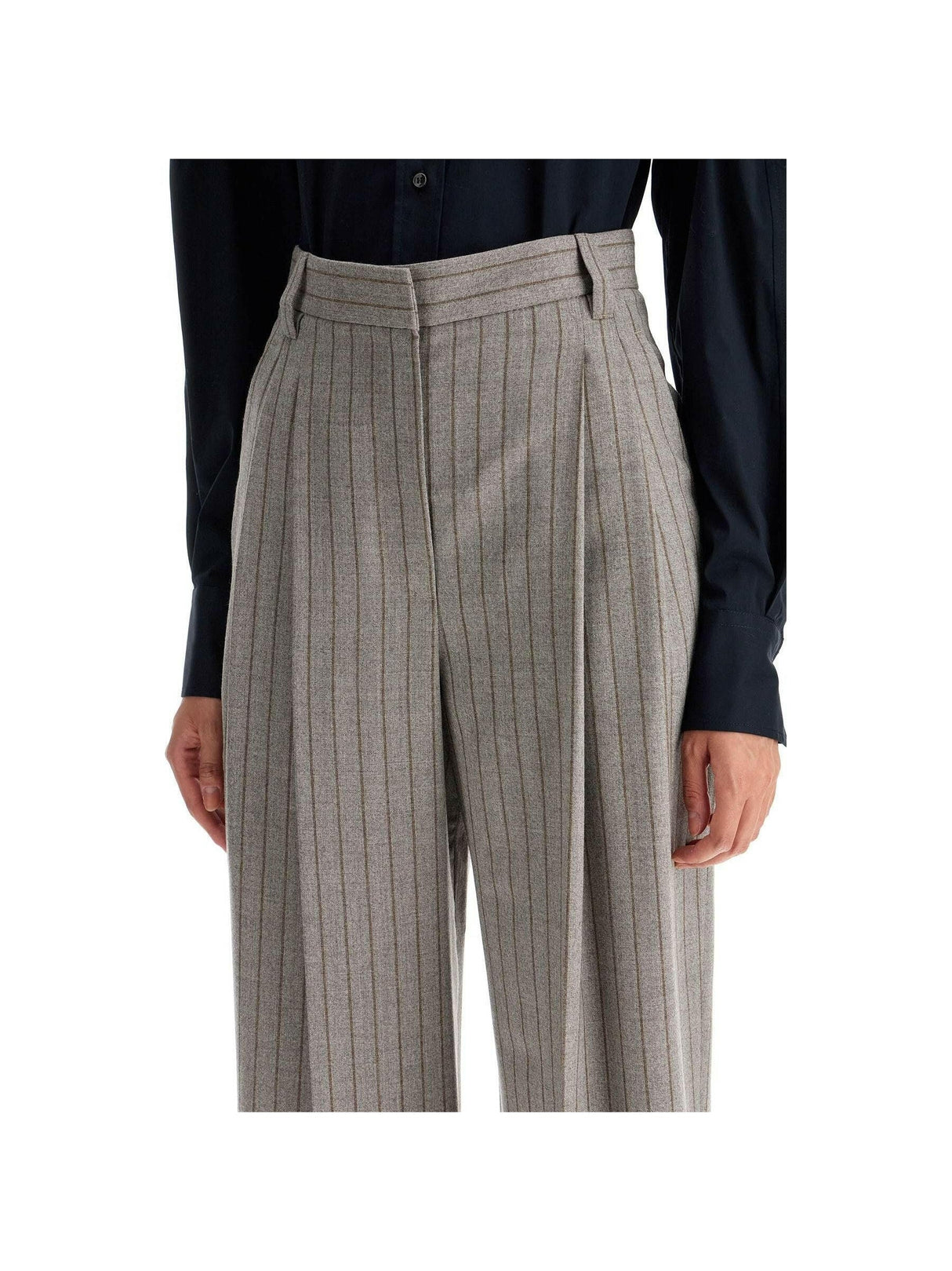 Wool Mouliné Chalk Stripe High Waist Wide Trousers.