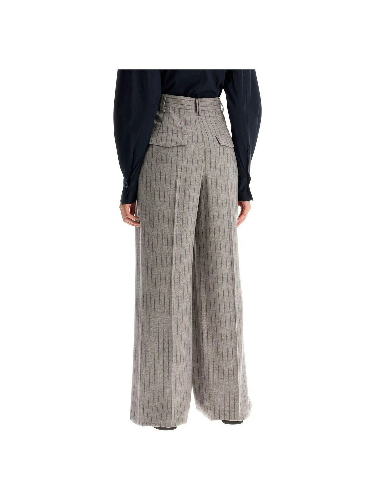 Wool Mouliné Chalk Stripe High Waist Wide Trousers.