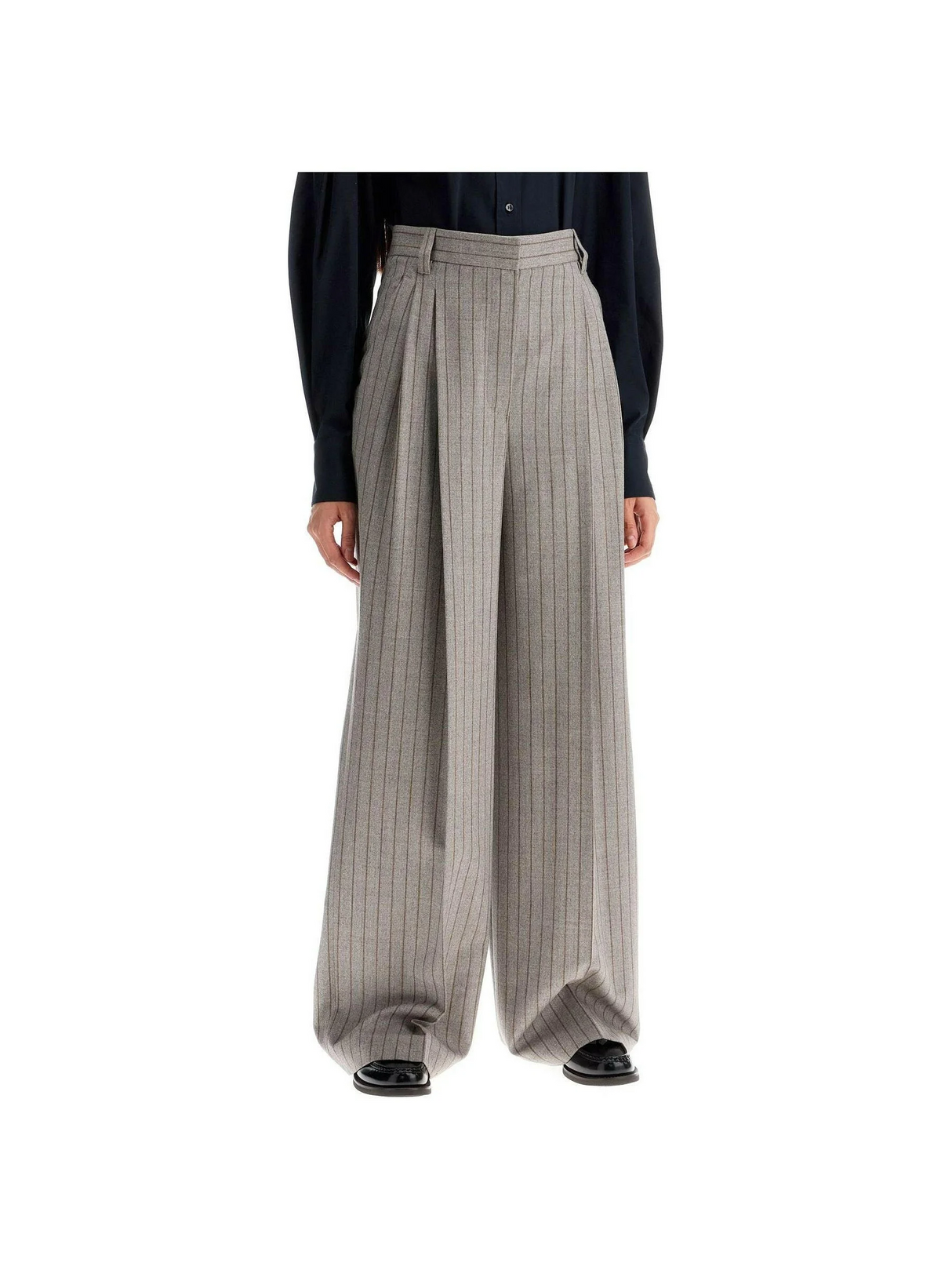 Wool Mouliné Chalk Stripe High Waist Wide Trousers.