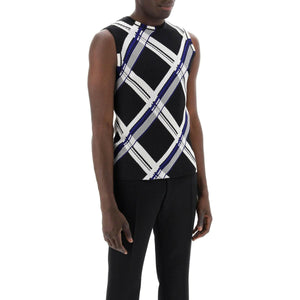 Black Ribbed Silk Knit Sleeveless Top With Check Pattern BURBERRY JOHN JULIA.