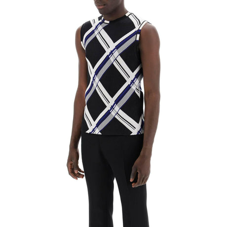 Black Ribbed Silk Knit Sleeveless Top With Check Pattern BURBERRY JOHN JULIA.