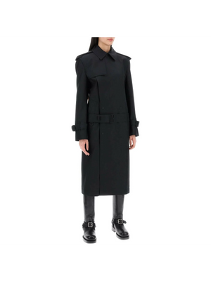 Black Long Silk-Blend Double-Breasted Trench Coat BURBERRY JOHN JULIA.