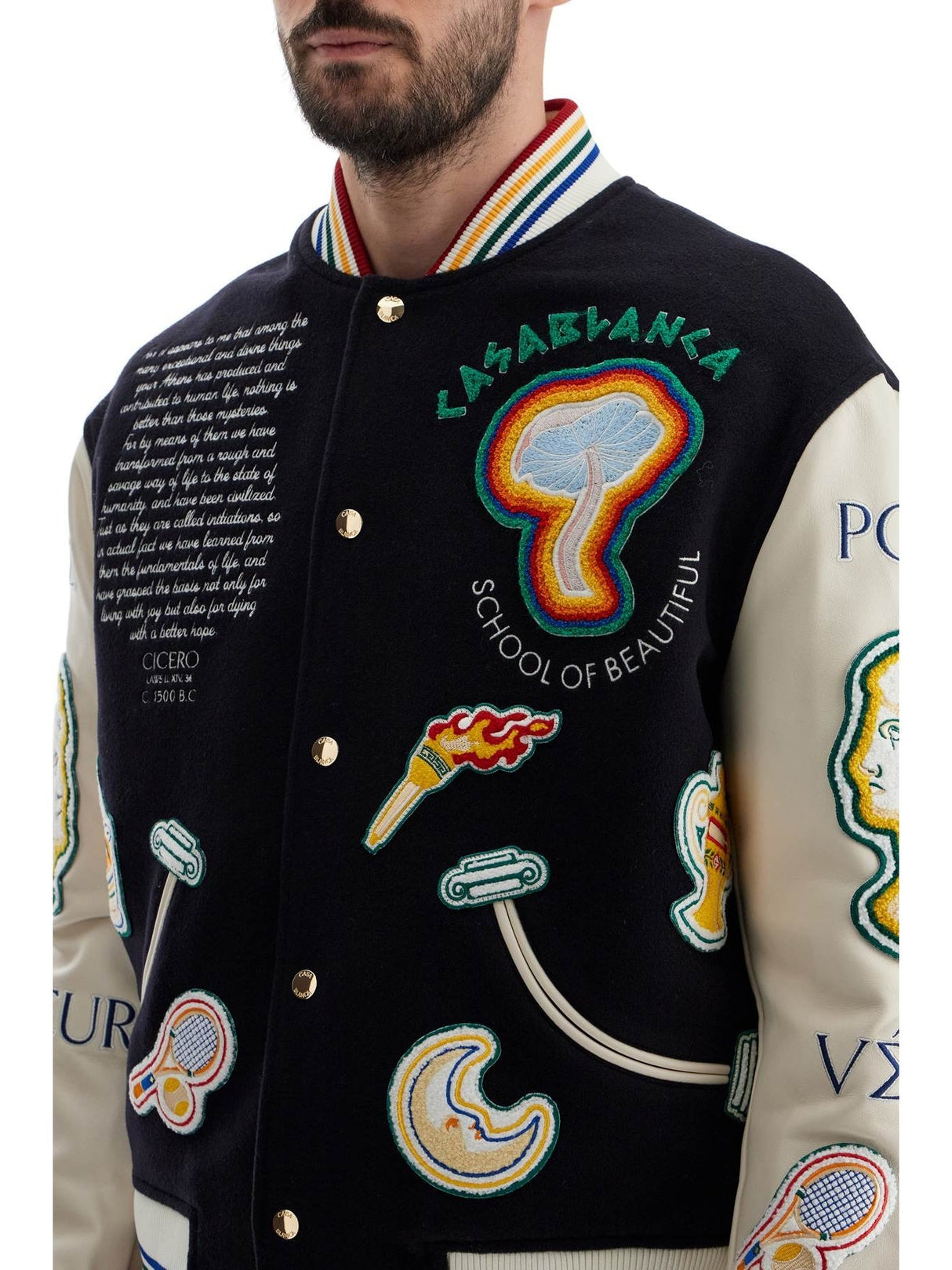 Embroidered Wool And Leather Bomber Jacket