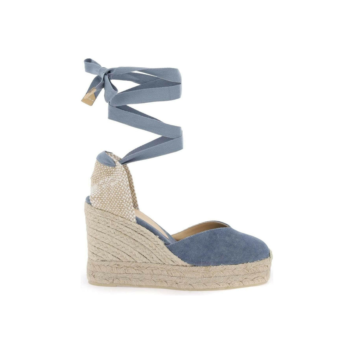 Blue Canvas Ribbon Tie Chiara Wedge Espadrilles CASTANER JOHN JULIA.