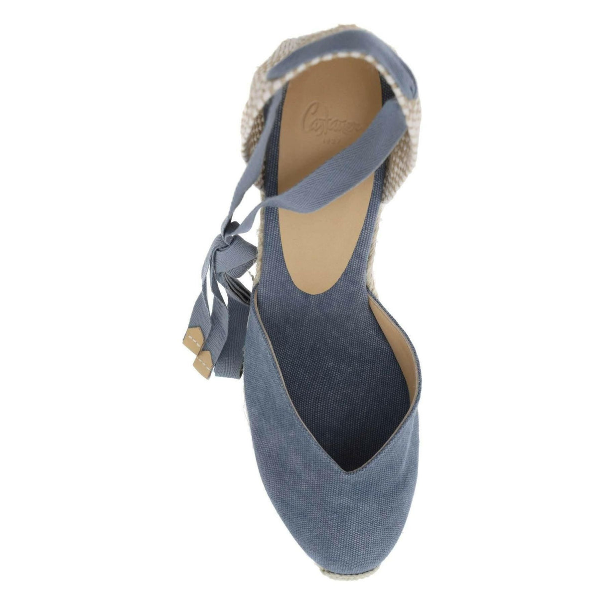 Blue Canvas Ribbon Tie Chiara Wedge Espadrilles CASTANER JOHN JULIA.