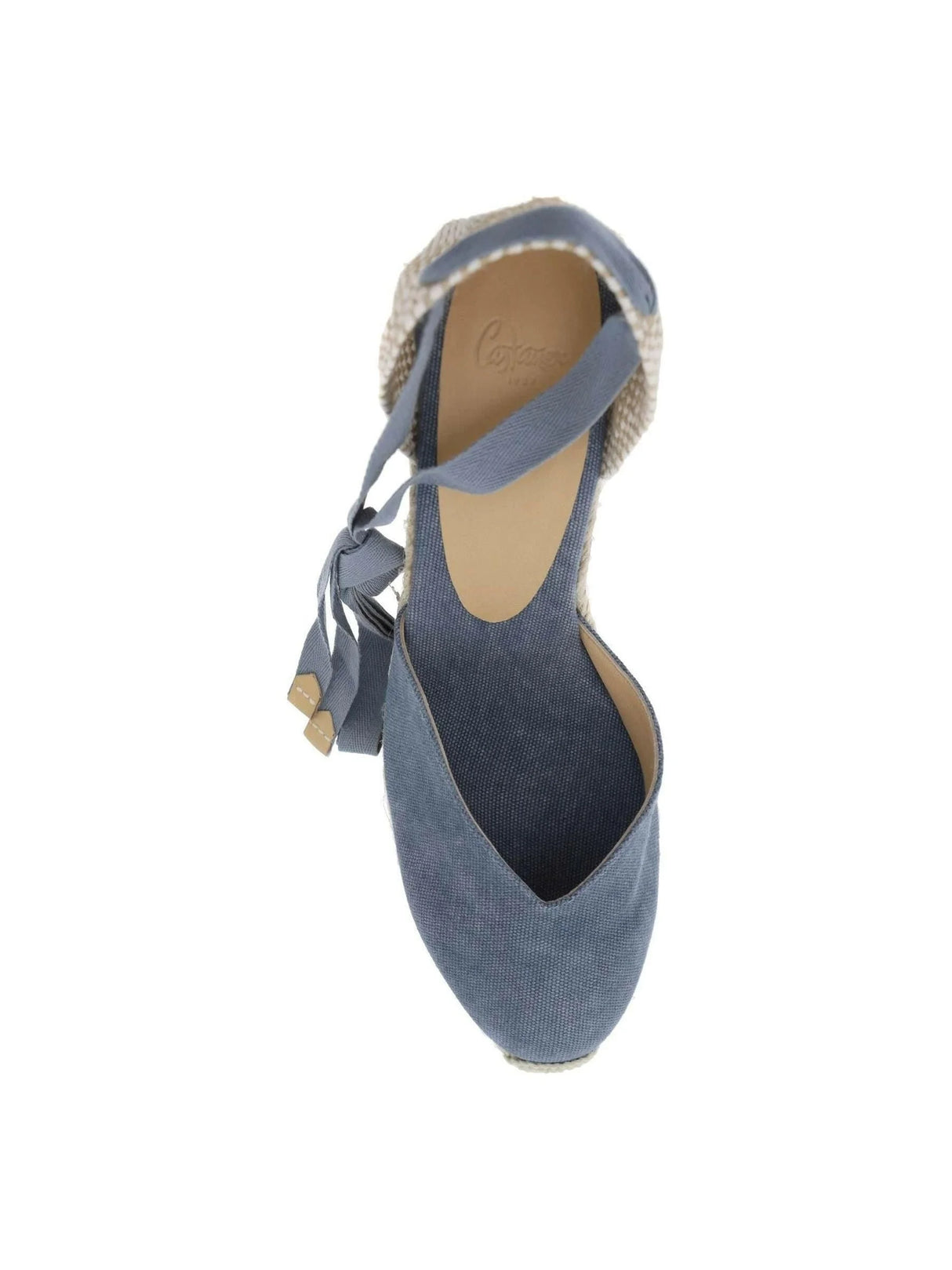 Blue Canvas Ribbon Tie Chiara Wedge Espadrilles CASTANER JOHN JULIA.