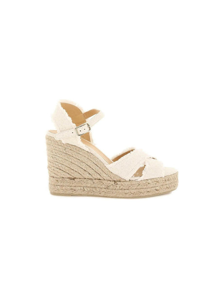 White Gold Linen Lurex Bromelia Wedge Sandals CASTANER JOHN JULIA.