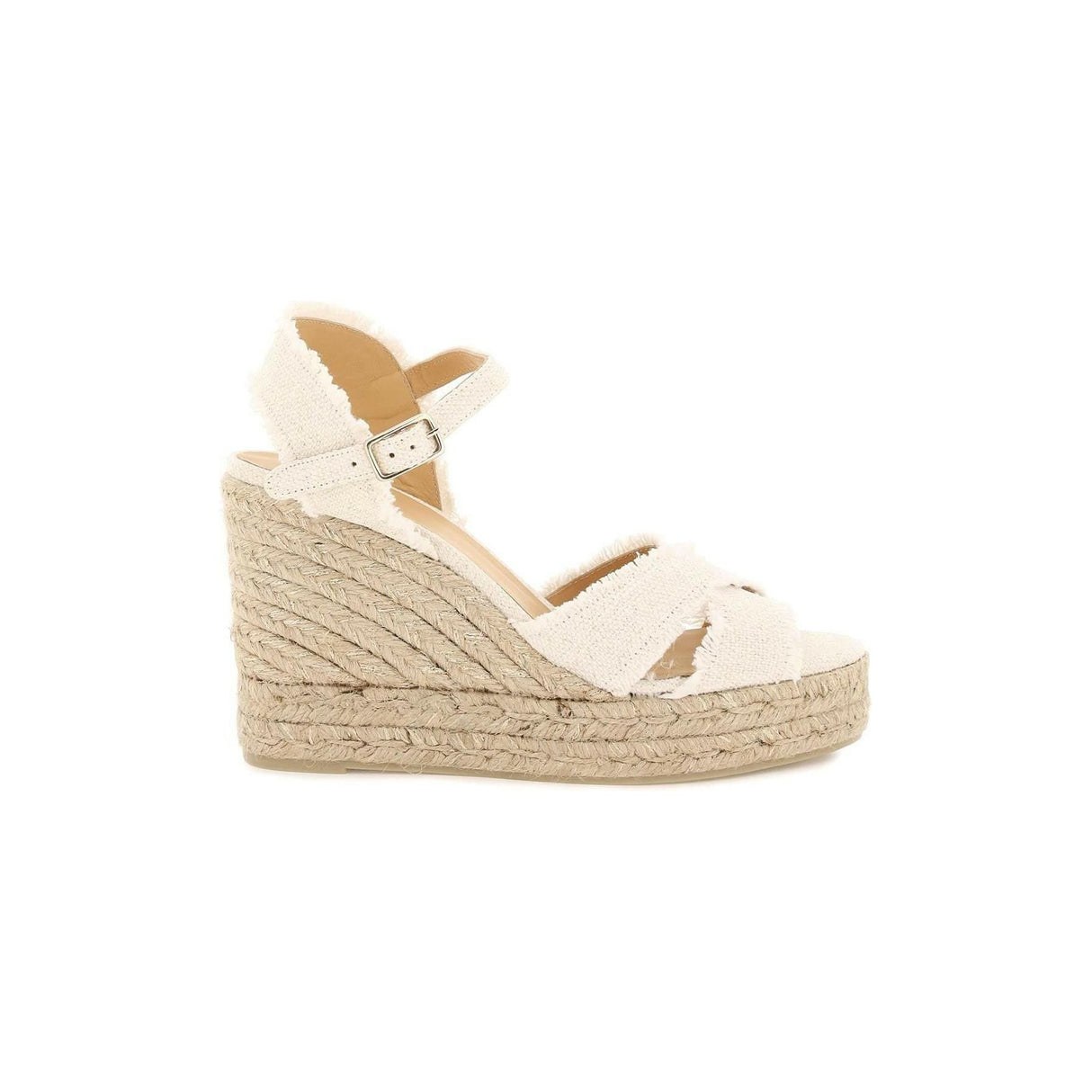 White Gold Linen Lurex Bromelia Wedge Sandals CASTANER JOHN JULIA.