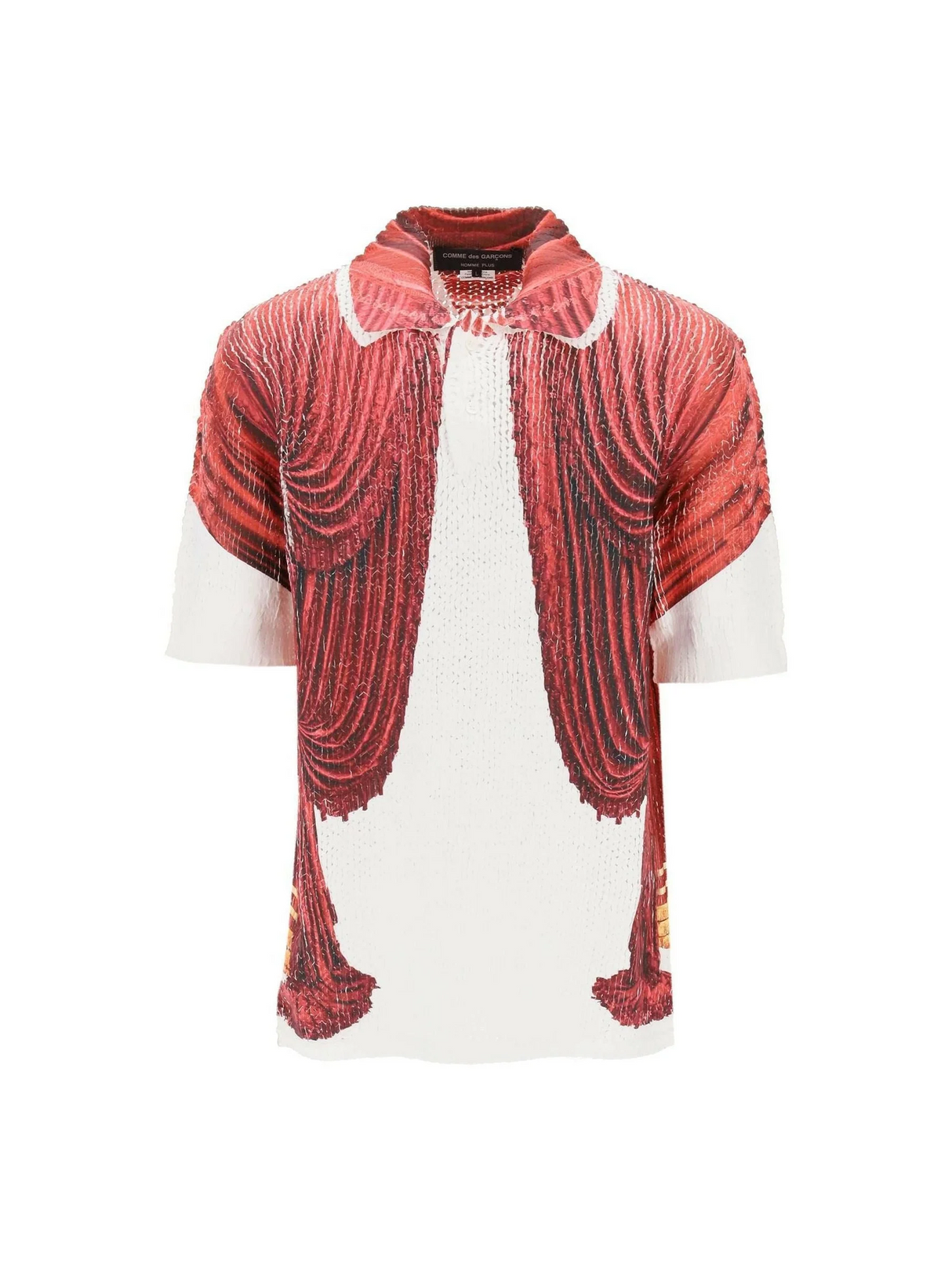 White and Red Theater Print Knit Polo Shirt COMME DES GARCONS HOMME PLUS JOHN JULIA.