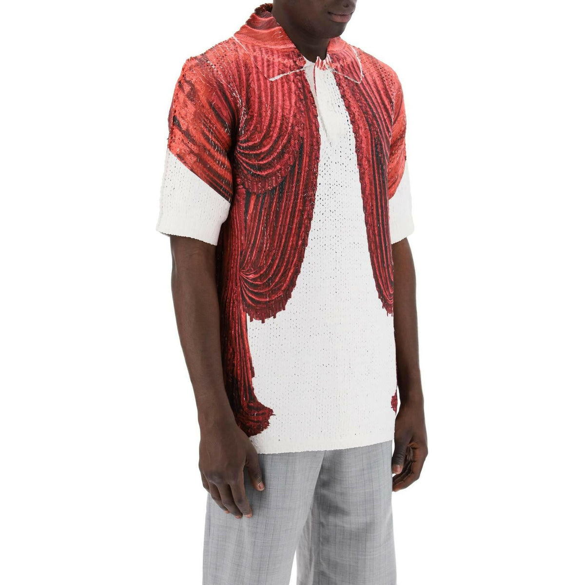 White and Red Theater Print Knit Polo Shirt COMME DES GARCONS HOMME PLUS JOHN JULIA.