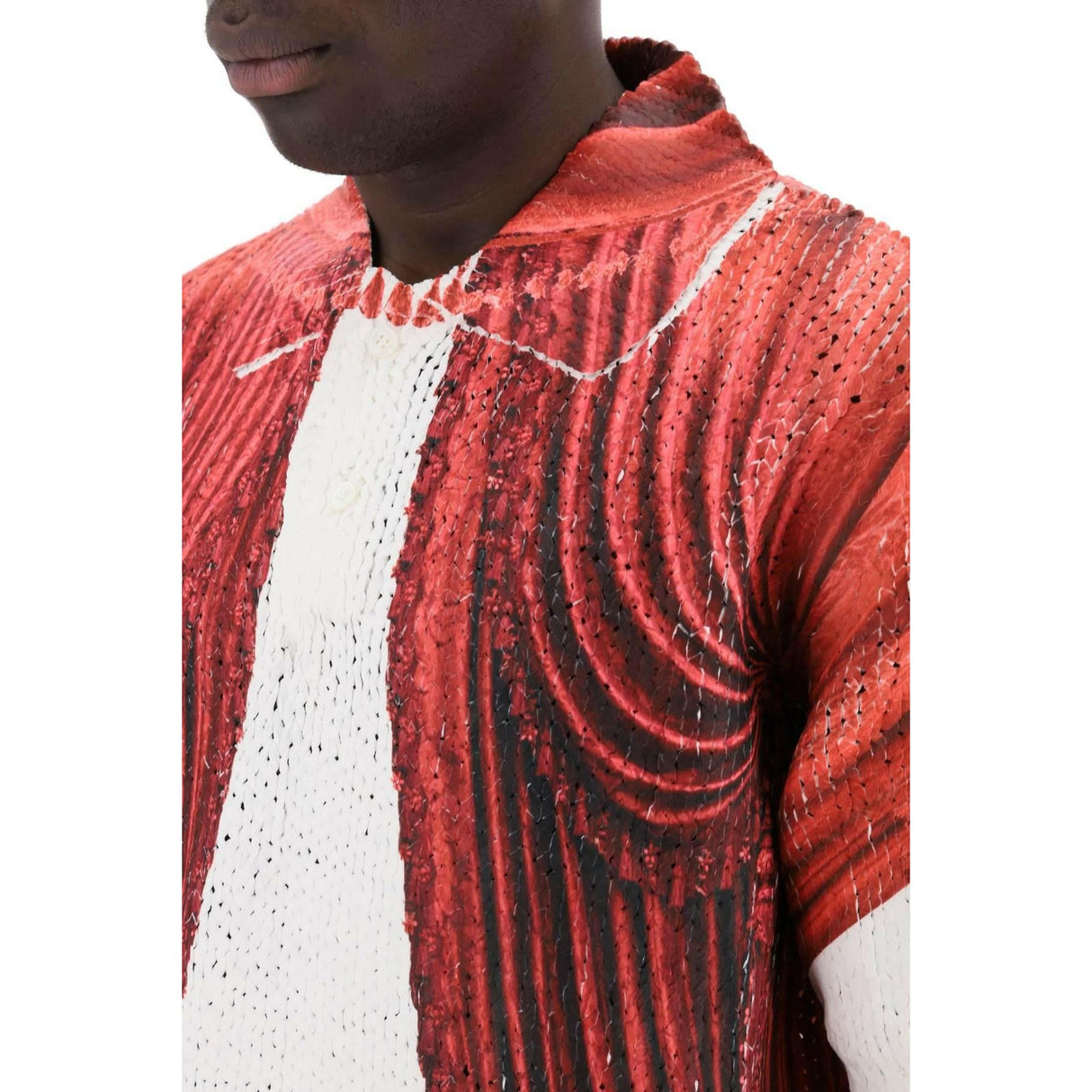 White and Red Theater Print Knit Polo Shirt COMME DES GARCONS HOMME PLUS JOHN JULIA.