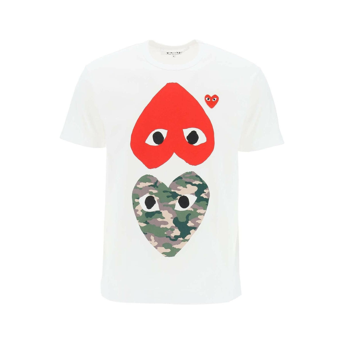 White Round Neck T-Shirt With Double Heart Print COMME DES GARCONS PLAY JOHN JULIA.