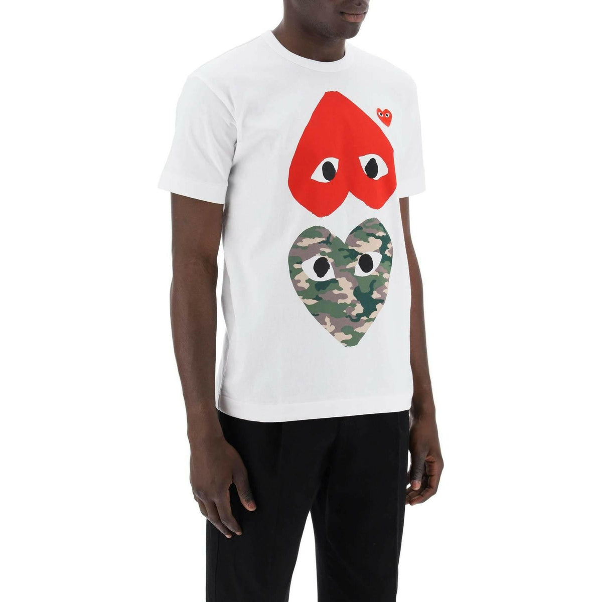 White Round Neck T-Shirt With Double Heart Print COMME DES GARCONS PLAY JOHN JULIA.